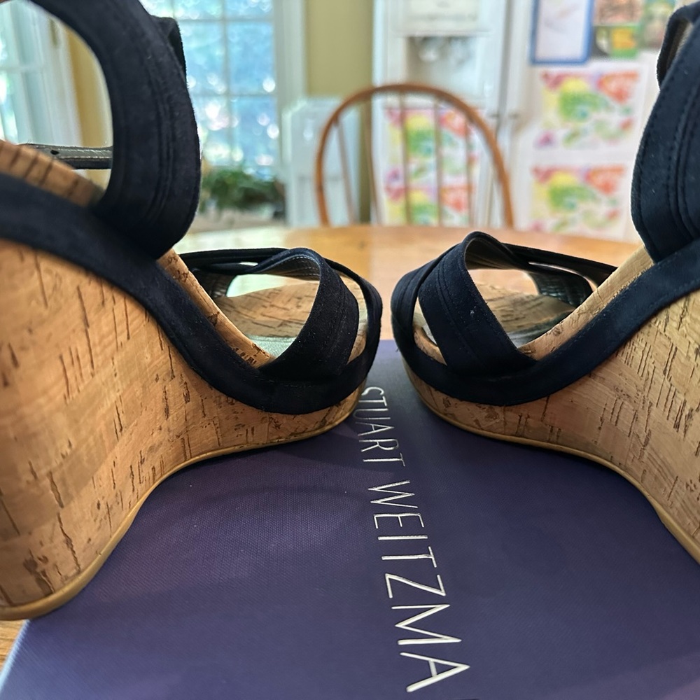 Stuart Weitzman Navy Fabric Cork Platform Wedge Sandals - Picture 5 of 10